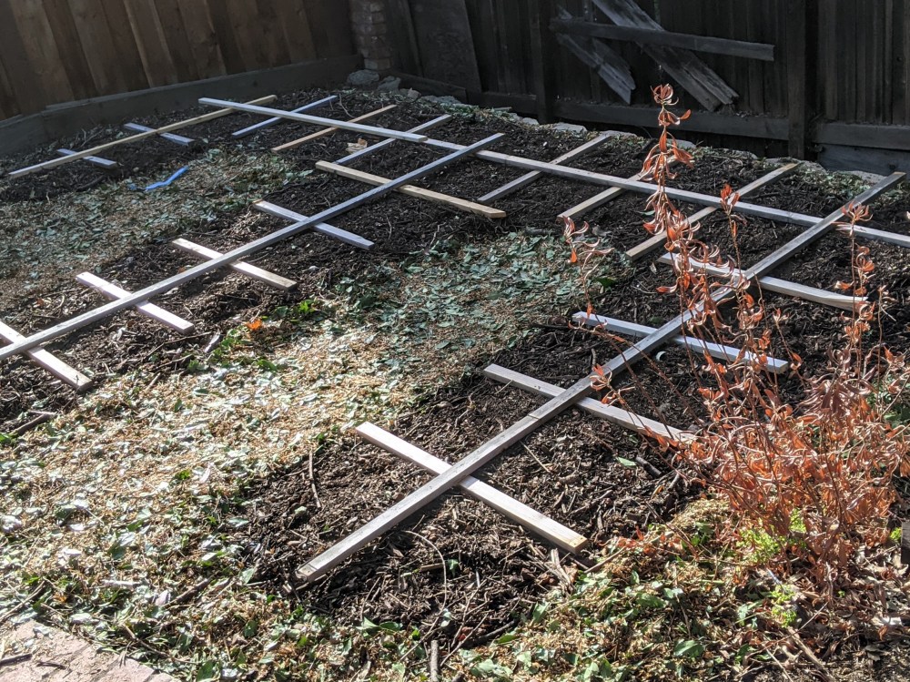 A vegetable patch shaped like a capital E for easy access to the soil with a wooden frame delineating square feet throughout the patch
