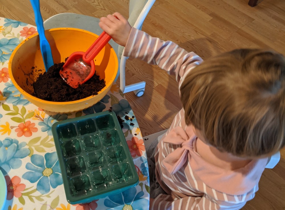 Toddler using play gardening tools to scoop seed mix into a seed tray.