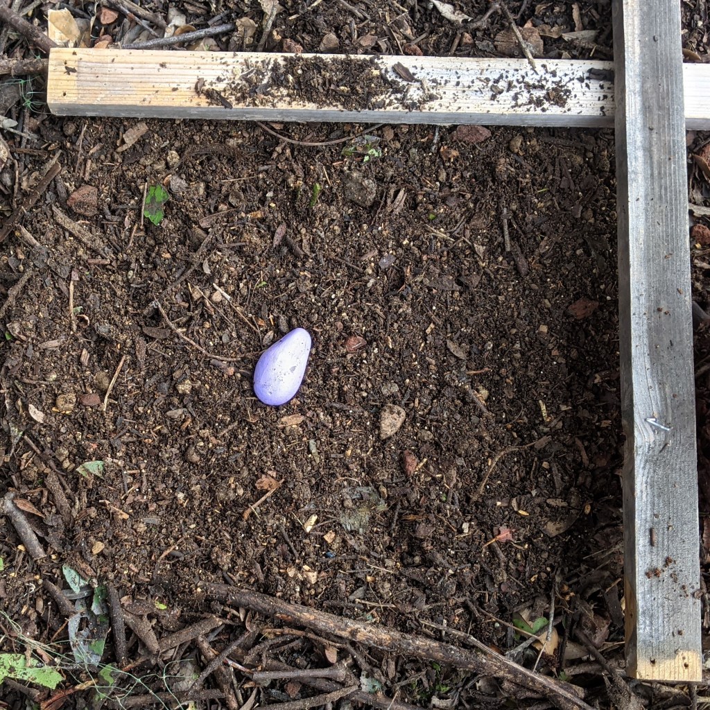 A square foot garden square with prepared soil and a purple stone marker.